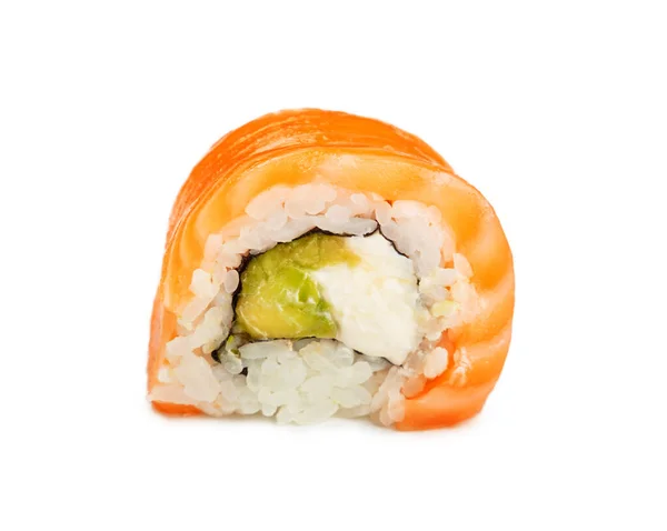 Zamknij Jeden Philadelphia Sushi Roll Surowego Łososia Izolowane Białym Tle — Zdjęcie stockowe