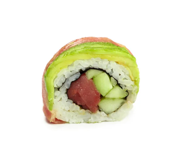 Zamknij Jeden Sushi Roll Surowego Tuńczyka Awokado Izolowane Białym Tle — Zdjęcie stockowe