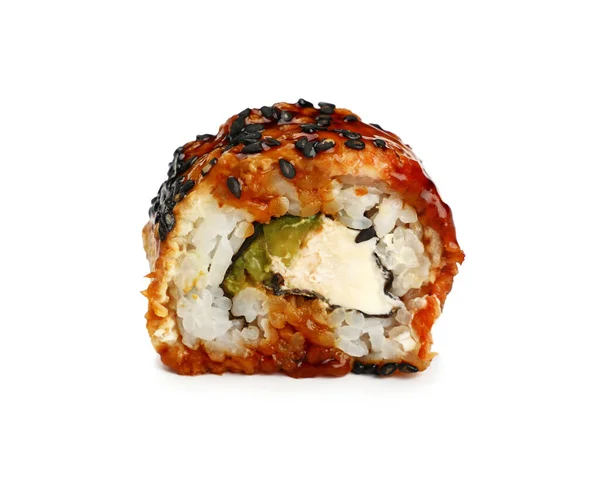 Close Een Unagi Sushi Roll Met Paling Geïsoleerd Witte Achtergrond — Stockfoto