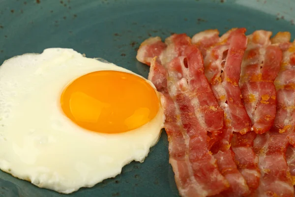 Close English Breakfast Sunny Side Egg Roasted Bacon Slices Blue Stock Picture