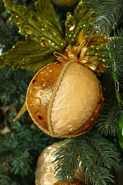Close Handmade Decorations Hanging Christmas Tree Bows Balls Spheres Front — Stock Photo, Image