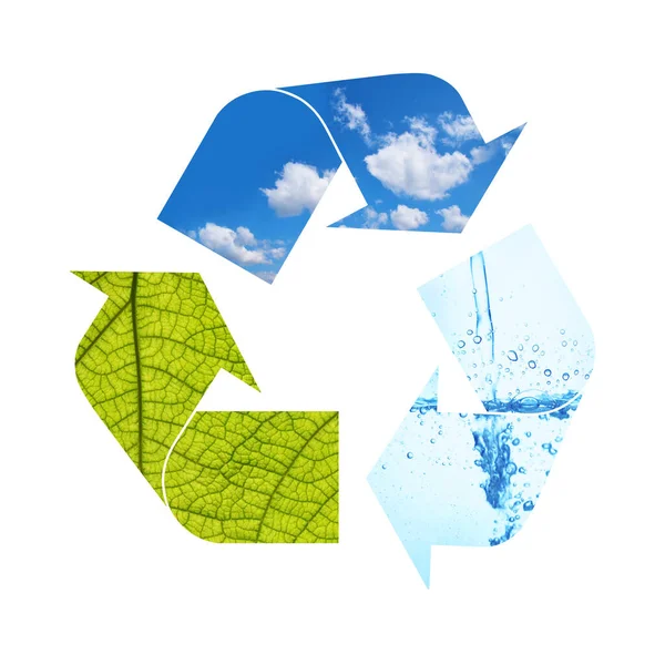 Символ Вторичной Переработки Природных Элементов Зеленой Листвы Голубого Неба Воды — стоковое фото