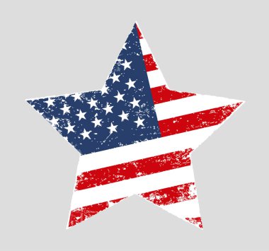 Gri arka planda izole edilmiş, grunge şeklindeki eski, sıkıntılı Amerikan bayrağının vektör çizimi