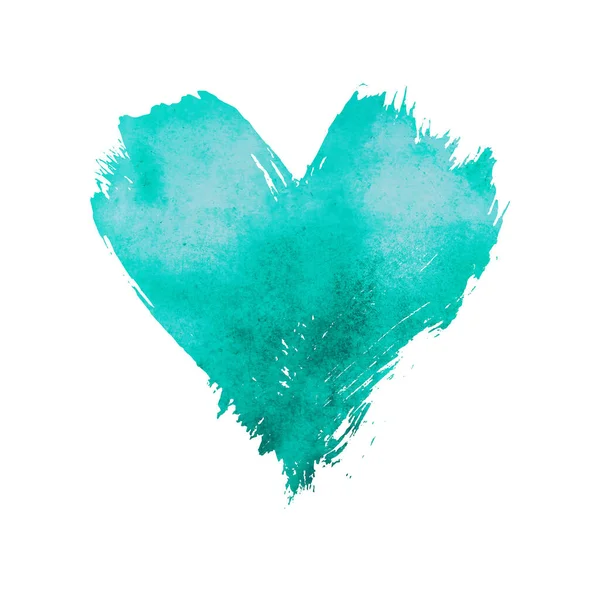 Teal Niebieski Pastel Akwarela Malowane Serce Pociągnięciem Pędzla Grunge Kształt — Zdjęcie stockowe