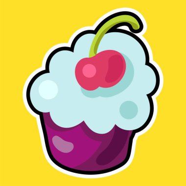 Vektör romantik aşk yama doodle karikatür tarzı. Kek kiraz ile. Kız moda patchworks tasarım. Güzel çizgi film etiketi. Eğlenceli rozeti.