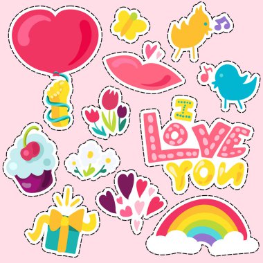 Vector Romantic Love Patch in doodle cartoon style. Girl fashion patchworks design. Nice cartoon sticker. Fun badge. clipart