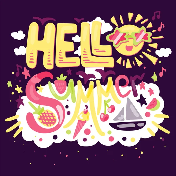 Hello Summer Concept Avec Fruits Crème Glacée Flamants Roses Yacht — Image vectorielle