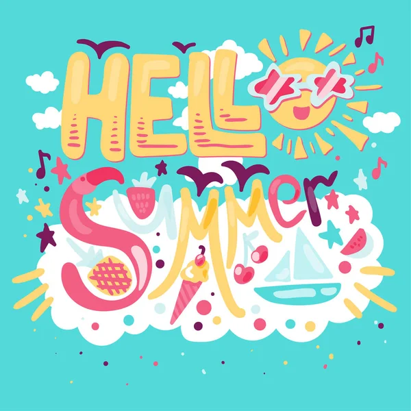 Hello Summer Concept Avec Fruits Crème Glacée Flamants Roses Yacht — Image vectorielle