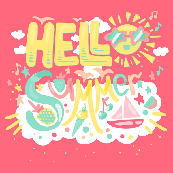 Hallo Sommerkonzept Mit Früchten Eis Flamingos Jacht Und Sonne Vektor — Stockvektor