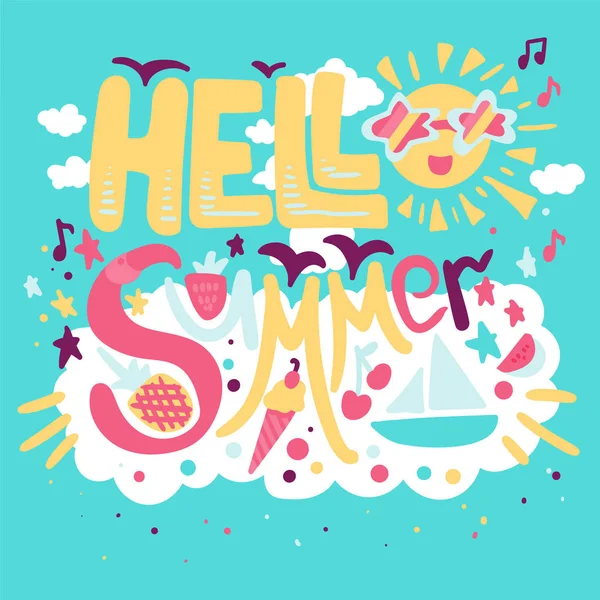 Concepto Positivo Vacaciones Hello Summer Inscripción Sobre Fondo Azul Con — Vector de stock