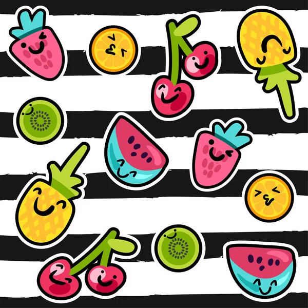 ベクトル漫画のスタイルで夏果物パターン フルーツとベリー 甘い背景 — ストックベクタ