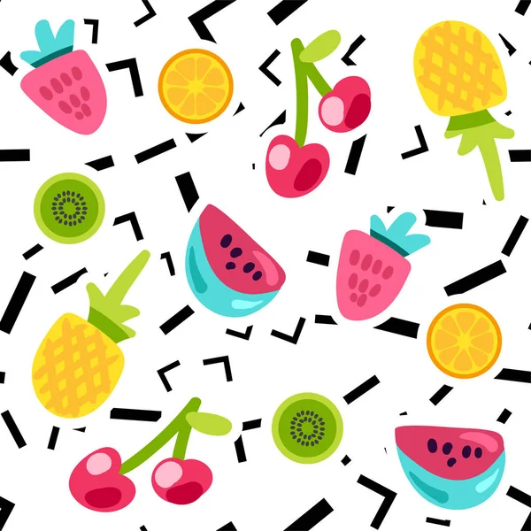 Vector Summer Fruits Patterns Cartoon Style Fruits Berries Sweet Backdrop — Stock Vector