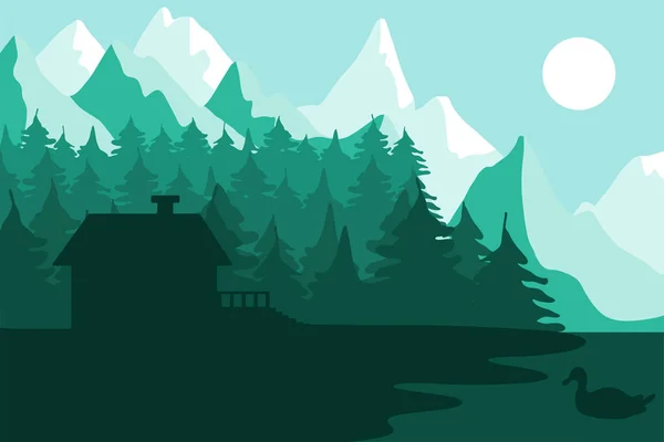 Лесной дом у гор — стоковый вектор