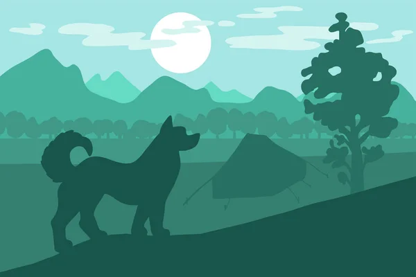Cão de passeio no acampamento de montanha da floresta — Vetor de Stock