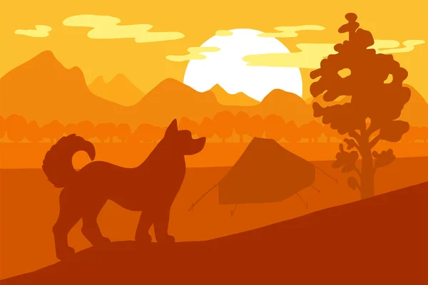 Walking Dog In Forest Mountain Camp — Stock Vector