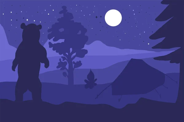 夜间在森林山地营中行走的熊 — 图库矢量图片