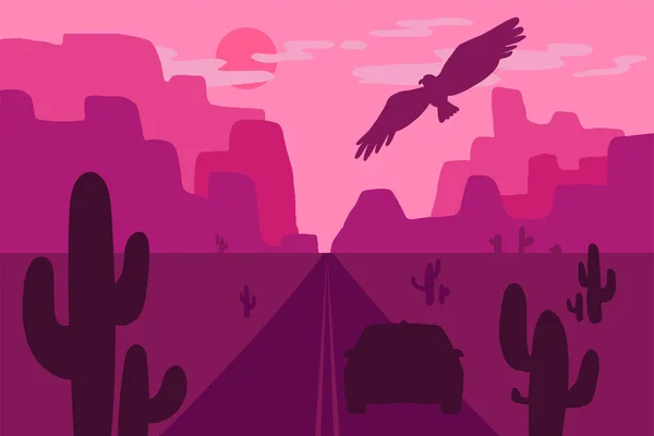 Desert landscape with eagle, cactus and sun. Vector — Stock Vector