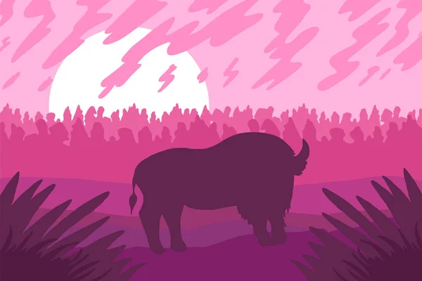 Paisaje con bizón salvaje en el campo — Vector de stock