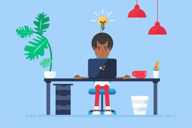 Resepsiyon, sandalye, Not defteri ile çalışma alanı profesyonel çalışan Afro-Amerikan geliştirici, programcı, sistem yöneticisi ya da Tasarımcısı. İş projesi veya başlangıç kavramı. Vektör