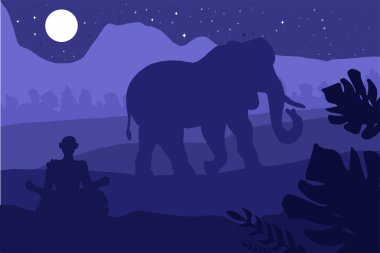 Fil ve monk ile Hint tropikal peyzaj. Manzara orman. Vektör