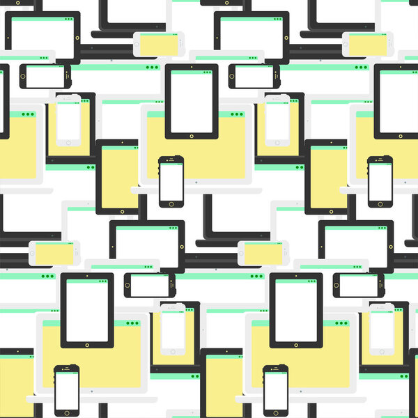 Stylish seamless pattern with notebook, smartphone and tablet in flat style. Cartoon design backdrop