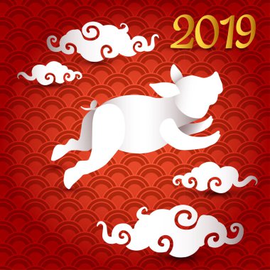 2019 domuz yeni yıl kağıt kesme 3d tebrik kartı tasarım.
