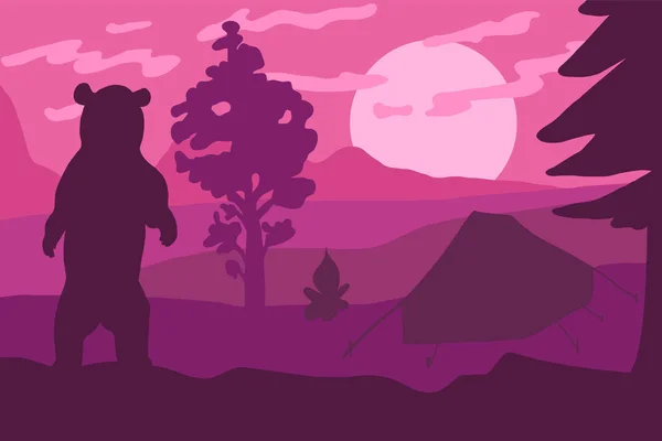 Bear silhouette in camp flat vector color illustration