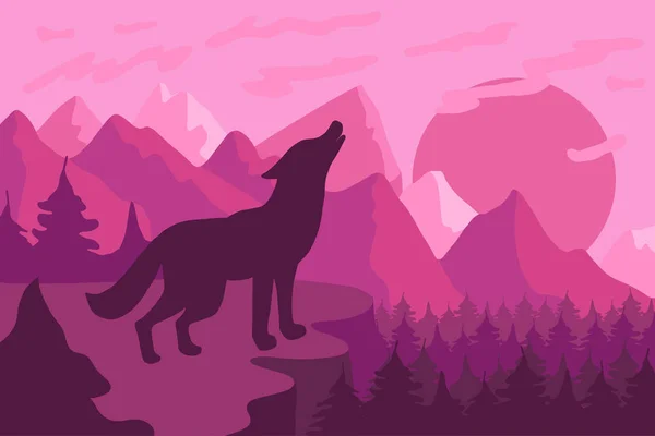 Bosque paisaje con lobo vector plano ilustración — Vector de stock