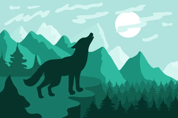 Paisagem com silhueta de lobo ilustração vetorial plana — Vetor de Stock