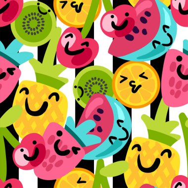 Meyve el çekilmiş sorunsuz vektör desen. Kivi, ananas, portakal emoji, çizgili etiket arka plan