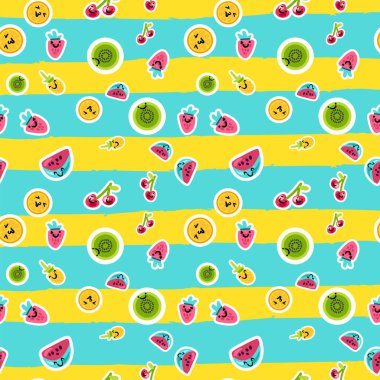 Meyve renk sorunsuz vektör desen. Doodle kivi, portakal, ananas emoji çizgili arka plan üzerinde