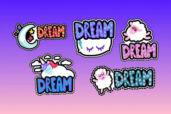 Dream Lettering Stitched Frame Illustrations Set Good Night Stickers Pack — Stock Vector