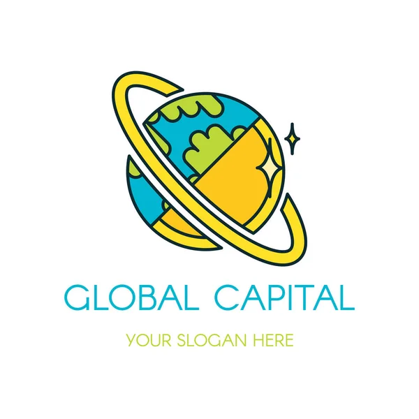 グローバル資本のベクトルのロゴのデザイン 漫画の惑星 フラット金融 会社ロゴを銀行 — ストックベクタ