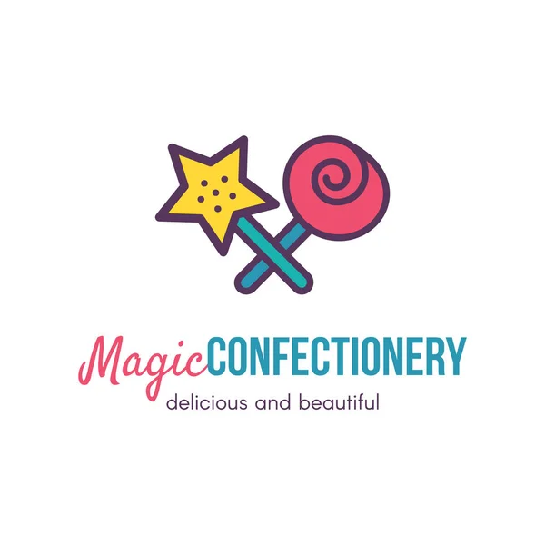 Magic Confectionery Shop Flat Vector Logo Design Isolated Outline Sweets — Stock Vector