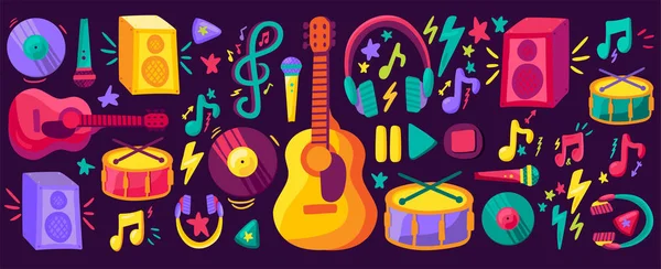 Instruments Musique Cliparts Plats Ensemble Guitare Dessinée Main Batterie Collection — Image vectorielle