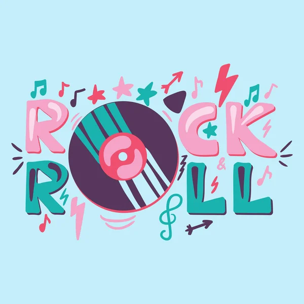 Rock Roll Letras Coloridas Desenhadas Mão Disco Concerto Música Retro — Vetor de Stock