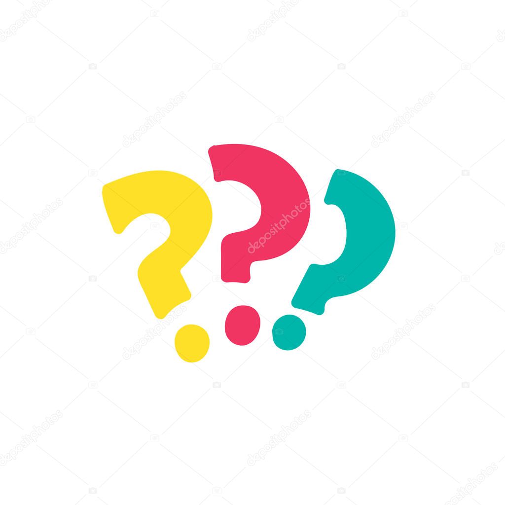 Question marks cartoon multicolor illustration. FAQ, help. Interrogation signs hand drawn element