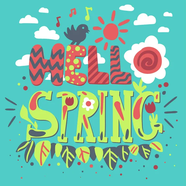 Hola primavera caricatura vector de letras — Vector de stock