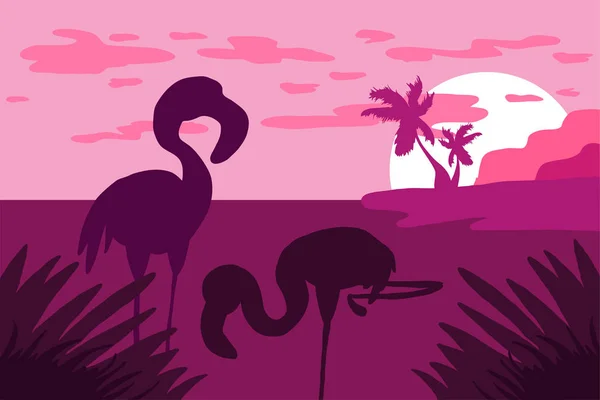 Paysage avec silhouette de flamant rose illustration vectorielle plate — Image vectorielle