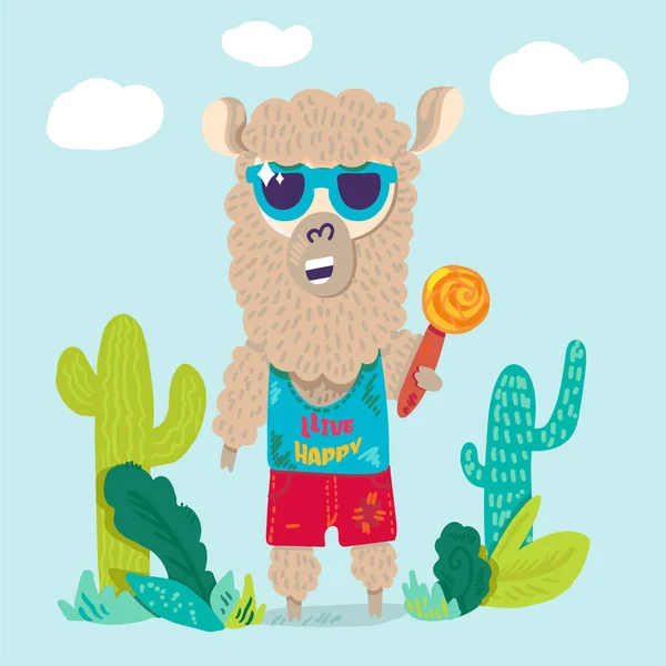 Cool Lama in platte stripfiguur zonnebril — Stockvector