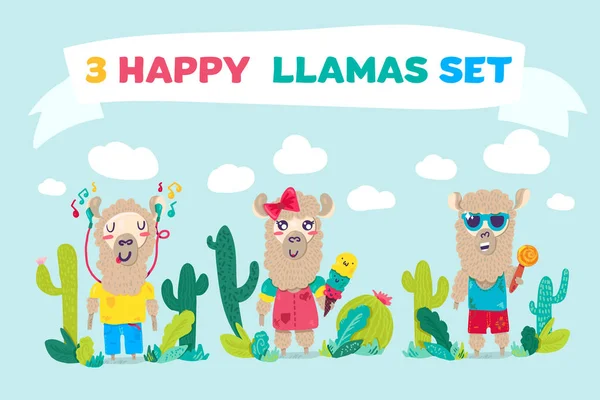 Персонажи мультфильмов Happy llamas — стоковый вектор