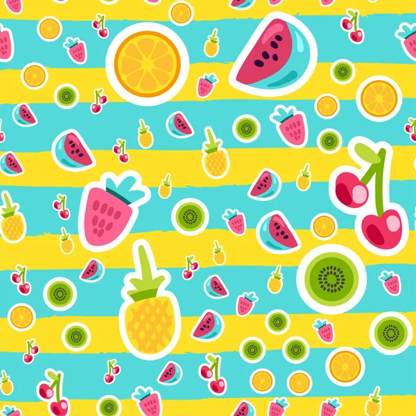 Dibujos animados frutas pegatinas patrón de vectores sin costura — Vector de stock