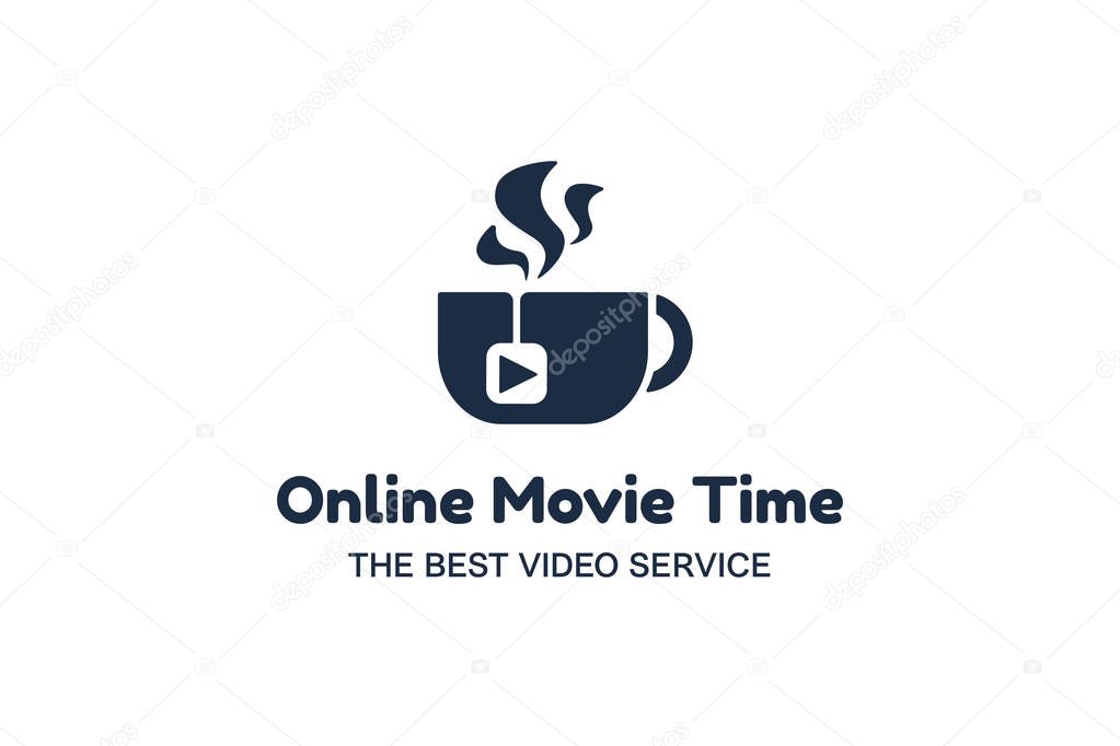Online movie service glyph logotype design. Video streaming, vlogging logotype. Steaming tea cup