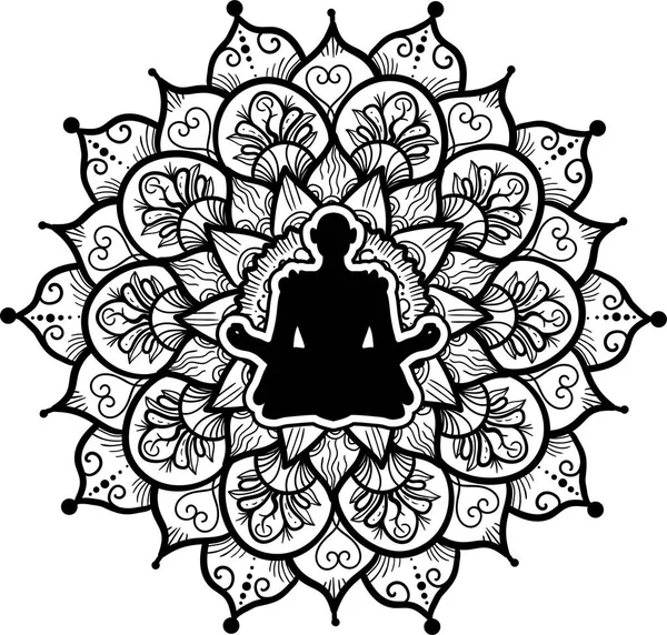 Yogi siedzi w lotosu stanowią czarną sylwetkę — Wektor stockowy