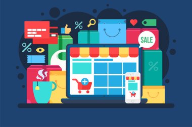 İnternet alışverişi düz vektör illüstrasyonu