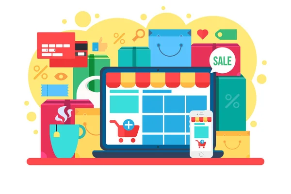 Online-Shopping-Konzept für Ladengeschäft am Laptop — Stockvektor
