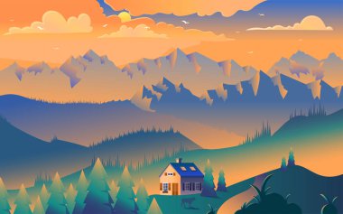 Dağlarda House minimalist vektör illüstrasyon