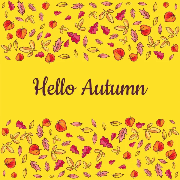 Poster hallo Herbst mit handgezeichneten farbigen Blättern — Stockvektor