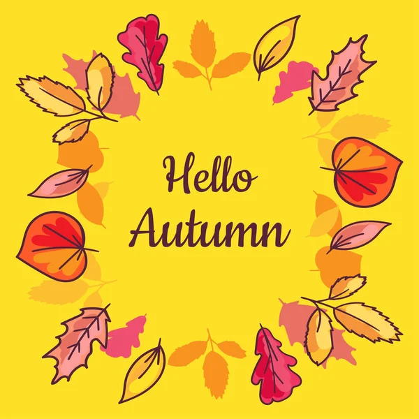 Plakat hallo Herbst mit trockenen Blättern im großen Kranz — Stockvektor
