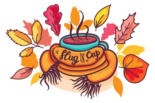 Tasse mit Schal und Blättern, handgezeichnete Illustration — Stockvektor
